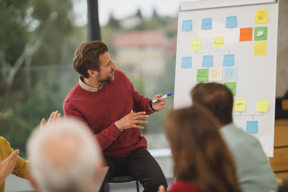 Profesional presentando ideas frente a un tablero con notas durante una sesión de trabajo